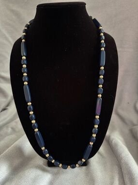 Vintage Trifari Navy Bead Necklace with Gold Accents